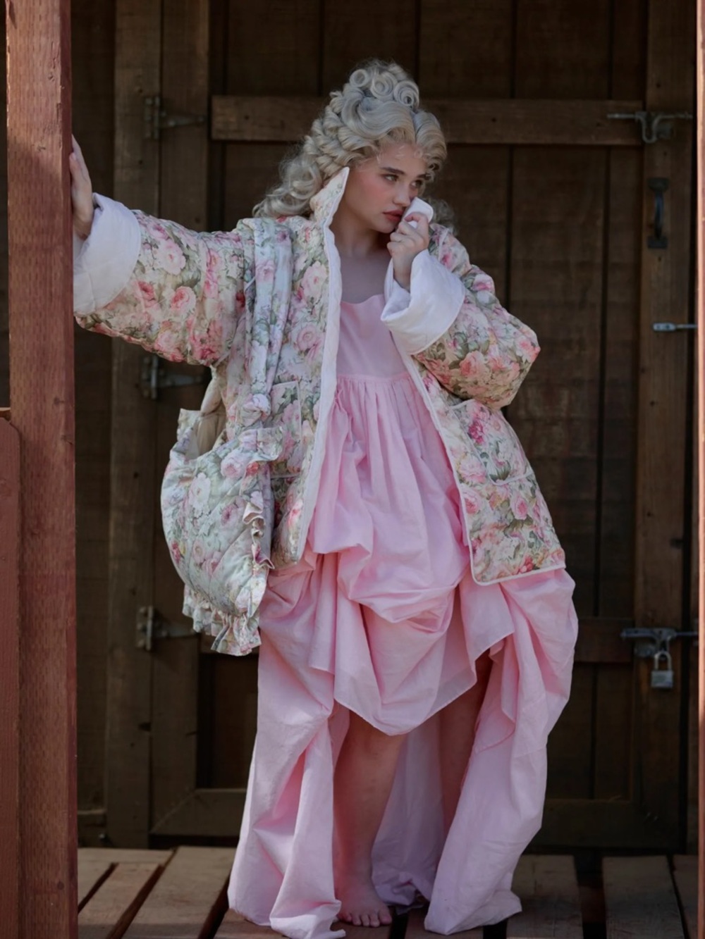 Selkie Floral Quilted Puffer Jacket in Pink and Cream - Picture 7 of 9